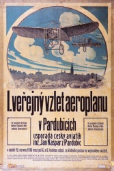 Dobový plakát 1. veřejného vzletu aeroplánu v Pardubicích.